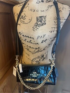 Coach ❤️Limited Charlotte Shoulder Bag In  Black Crocodile-embossed leather. NWT